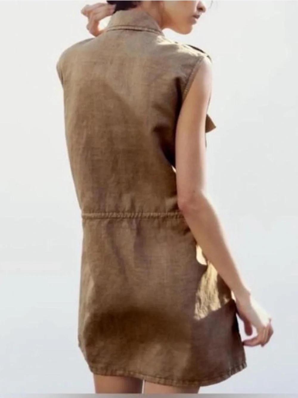 Zara Tan Safari Cargo Buttoned Mini Dress. Waist Drawstring. - Picture 3 of 12
